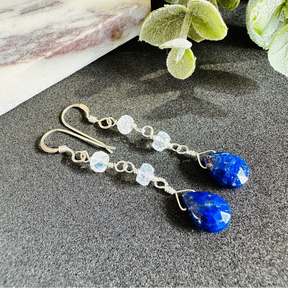 Lapis Lazuli and Moonstone Earrings Sterling Silver Dangle